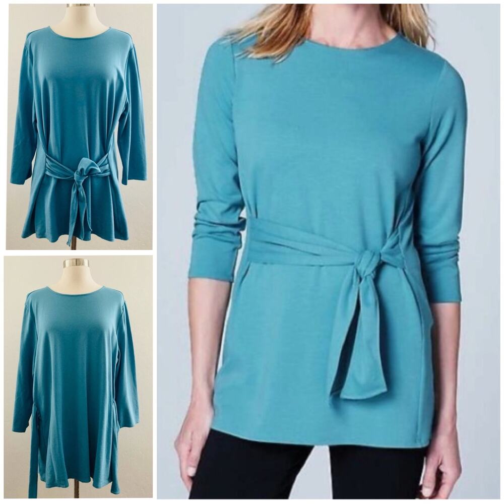 J. Jill Ponte Tunic Top Women's XL Blue Tie Front 3/4 Sleeves Stretch Modest
